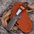 Handmade Bull Cutter Knife, Damascus Hunting Knife, Fixed Blade, Cowboy Knife with Pancake Leather Sheath, Hand Forged Knife, Gift for Him.