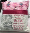 Pocket pillow embroidered child reading pillow embroidered pink Girls books zip close satin trim nancy girl print soft pink flannel