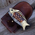 Unique Damascus Steel Folding Pocket Knife with Fish Handle Design - Handmade Knife with Leather Sheath - Best Christmas Gifts Under 50