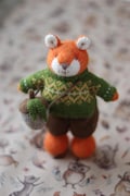 Knitted mister fox in a green yellow jacket with a tiny acorn - Little knitted fox stuffed dressed animal doll