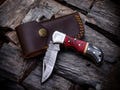 Handmade Damascus Pocket Knife Olive Wood Handle Birthday Gift Folding Knife Groomsmen Gift Anniversary Wedding Personalized Gift for Men
