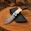 Handmade Copper Damascus Pocket Knife With Leather Sheath & Engraving on Knife Bolster Folding Knife Gift , Anniversary ,Personalized Gift