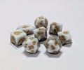 Glacial Grace Resin Dice Set | Solid White, Shimmering Gray & Gold | Handmade 16mm | Includes Numbered D20 and Icon D20