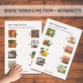 Where Things Come From Worksheets, Fun Printable Activities for Kids to Learn Origins of Food, Materials, Everyday Items Montessori-Inspired