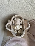 Cute knitted bunny with mini crochet cradle, boho woven rabbit, amigurumi toys, birthday girl boy gift, boho plush bunny, easter kids gift