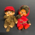 Vintage sekuguchi monchhichi hairy doll pair pacifier and banana sucking monkey babies retro Japanese big eyed anime character set of 2