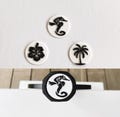 Hawaiian Pickleball Paddle End Cap Decal - Seahorse, Palm Tree, Hibiscus - Black on White Background