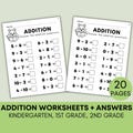 20 Printable Math Addition Worksheets for Kindergarten, 1st Grade, 2nd Grade Math, Fill in the Blanks Worksheets, Answer Keys Included