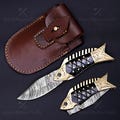 Unique Damascus Steel Folding Pocket Knife with Fish Handle Design - Handmade Knife with Leather Sheath - Best Christmas Gifts Under 50